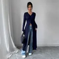 Chic navy blue long-sleeved button-up slim fit long cardigan with high slit for women - S / Tops / Blue