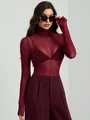 Burgundy long-sleeved sheer mesh turtleneck top with slim fit for elegant commuter wear - S / Tops / Burgundy