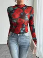Elegant mesh long sleeve top featuring vibrant red rose floral print and stand collar. - S / Tops / Red