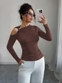 Detail view of brown slim-fit top with asymmetrical neck and cold-shoulder - S / Tops / Khaki