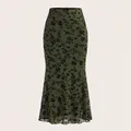 Elegant dark green floral fishtail midi skirt for women - S / Bottoms / Dark Green