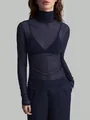 Elegant navy blue sheer mesh turtleneck top with slim fit long sleeves for women - Navy Blue