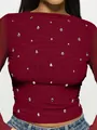 Detailed macro shot of a wine red double-layered mesh top with sparkling teardrop rhinestones. - S / Tops / Burgundy