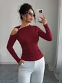 Detail of burgundy slim fit long sleeve top with asymmetrical cold shoulder metal ring - S / Tops / Burgundy