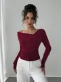 Elegant burgundy off-the-shoulder long sleeve slim fit top for chic fall fashion style - S / Tops / Burgundy