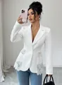 Elegant white slim fit blazer with delicate lace waist paneling for modern women - S / White
