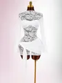 Detail view of a sexy white floral lace and mesh ruched long sleeve bodycon mini dress - L / Top And Bottom / White