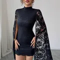 Elegant black lace mini dress with high neck and unique split long cape-style sleeves - S / Top And Bottom / Black