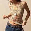 Stylish sleeveless floral print mesh top with a slim-fit design for spring fashion - S / Tops / Rainbow