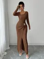 Elegant textured knit maxi dress featuring an asymmetrical neckline and front slit. - S / Bottoms / Coffee