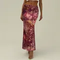 Vintage print mesh high waist mermaid long skirt with slim fit hip wrap design in pink - S / Bottoms / Fuschia