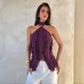 Sexy purple mesh halter top with tiered ruffles and elegant metallic neck detail - S / Tops / Fuschia