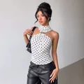 Elegant white polka dot halter neck sleeveless top with gold ring detail for women - XL / Tops / White