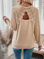 Elegant beige long sleeve top featuring a delicate lace hollow back design for women - S / Tops / Khaki