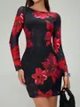 Elegant floral print mesh bodycon dress with long sleeves and round neck - S / Printed Style / Black
