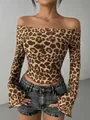 Sexy leopard print off-shoulder mesh long sleeve top for women slim fit fashion - L / Tops / Khaki
