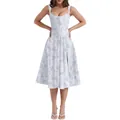 Robe midi fleurie blanche et bleue élégante avec taille corset et fente latérale - S / Blanc Bleu Floral