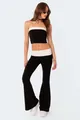 Stylish slim fit black flare pants with white fold-over waistband full body view - S / Bottoms / Black