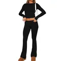 Vista dettagliata del set casual nero a due pezzi con top corto e pantaloni a zampa - XS / Top E Pantaloni / Nero