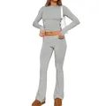 Completo casual grigio aderente con top corto a maniche lunghe e pantaloni a zampa - XS / Top E Pantaloni / Grigio chiaro