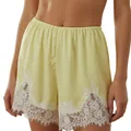 Elegant pale yellow satin loungewear shorts with white lace trim and elastic waist. - S / Bottoms / Yellow