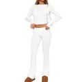 Detailed view of women's white slim-fit long-sleeve crop top and flared pants set - White
