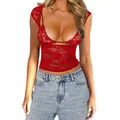 Σέξι κόκκινο δαντελένιο διαφανές crop top με βαθύ ντεκολτέ και κοντά μανίκια για γυναίκες - S / Τοπ με Κοντό Μανίκι / Κόκκινο