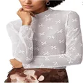Elegant white sheer mesh long sleeve tops with bow pattern lace detail for women - S / Tops / White