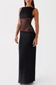 Elegant black bodycon satin maxi dress with floral lace panel and sexy open back - S / Top And Bottom / Black