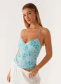 Detail view of light blue camisole with intricate blue floral embroidery and sequins - S / Tops / Blue