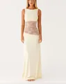 Elegant ivory satin maxi dress featuring sexy lace patchwork and a backless design for women - S / Top And Bottom / Yellow