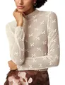 Elegante top a maniche lunghe in mesh bianco trasparente con delicati ricami a fiocco - Taglia S / Albicocca