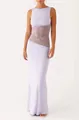 Elegant lavender maxi dress featuring sexy floral lace patchwork and smooth satin finish - S / Top And Bottom / Light Purple