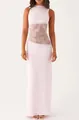 Elegant light pink sleeveless satin maxi dress with white lace patchwork at the waist - S / Top And Bottom / Pink