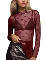 Sexy top a maniche lunghe in mesh bordeaux trasparente con delicati motivi a fiocco - Taglia S / Borgogna
