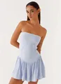 Detail view of light blue strapless backless mini dress with pleated hem and corset seams - S / Top And Bottom / Blue