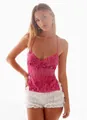Sexy hot pink camisole with intricate bead embroidery and white ruffled shorts for summer style. - S / Rose Red