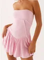 Detail view of pink strapless mini dress with pleated hem and corset stitching - S / Top And Bottom / Pink