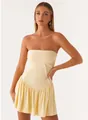 Full-length view of a pale yellow strapless pleated mini dress on a model - S / Top And Bottom / Yellow