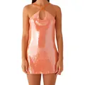 Sexy peach sequined halter mini dress with backless design for parties - S / Sequin Halter (FF182295) / Orange