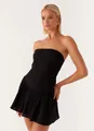 High-quality front view of an elegant black strapless mini dress with pleated skirt detail - S / Black