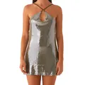 Glamorous silver sequined halter neck mini dress with sexy backless design and keyhole detail - Turquoise