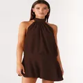 Elegant brown halter neck sleeveless backless mini dress perfect for summer party wear - S / Tops / Brown