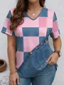 Detail view of V-neck summer T-shirt with pink and denim-textured checkerboard print - S / Tops / Pink Checkered Denim Print