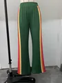 Green women's casual trousers with vibrant rainbow side stripes shown on a mannequin - Dark Green