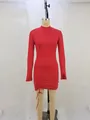 Detail view of a red high-neck long sleeve dress with adjustable side ruching and drawstring tie. - S / Top And Bottom / Red
