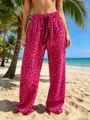 Stylish pink leopard print wide-leg pants for outdoor summer beach vacation wear - S / Bottoms / Rose Red
