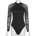 Detailed view of black mesh sleeve bodysuit on mannequin showing ruched texture - S / Black