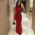 Elegant red sleeveless bodycon maxi dress featuring chic ruched waist details. - S / Tops / Burgundy