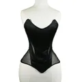 Elegant black cat-eye boned corset top featuring mesh patchwork and bridal satin - S / Black